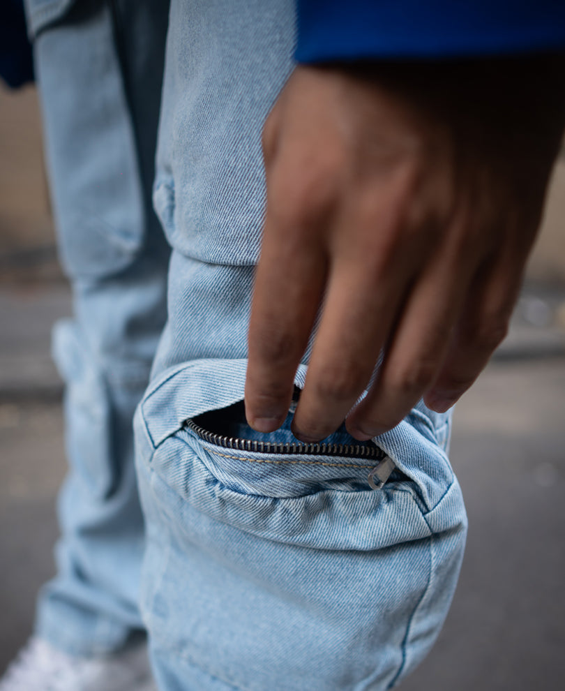 Ice Blue Baggy Fit Denim Jeans With Pockets