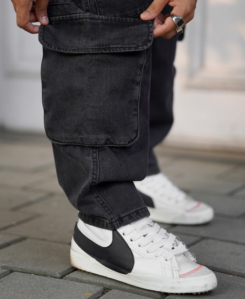 Charcoal Black Side Pocket Baggy Fit Jeans