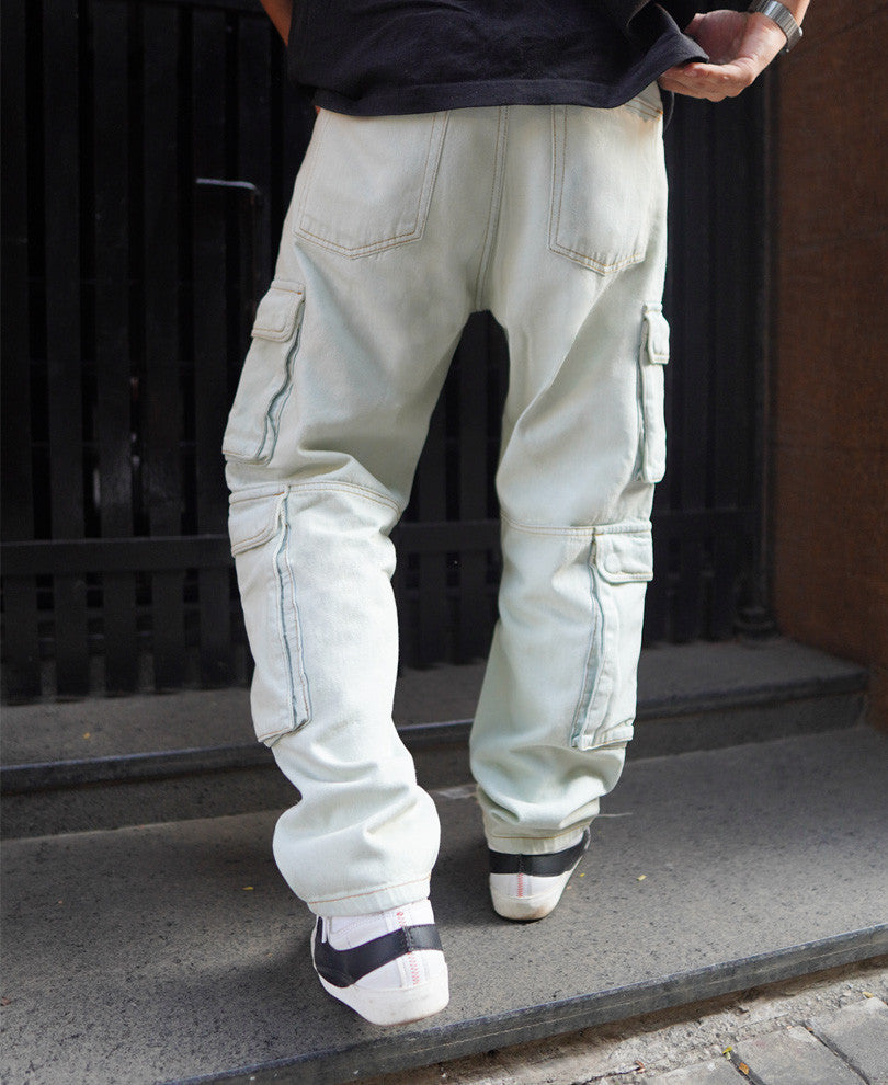Faded Blue Cargo Denim Baggy Fit Jeans