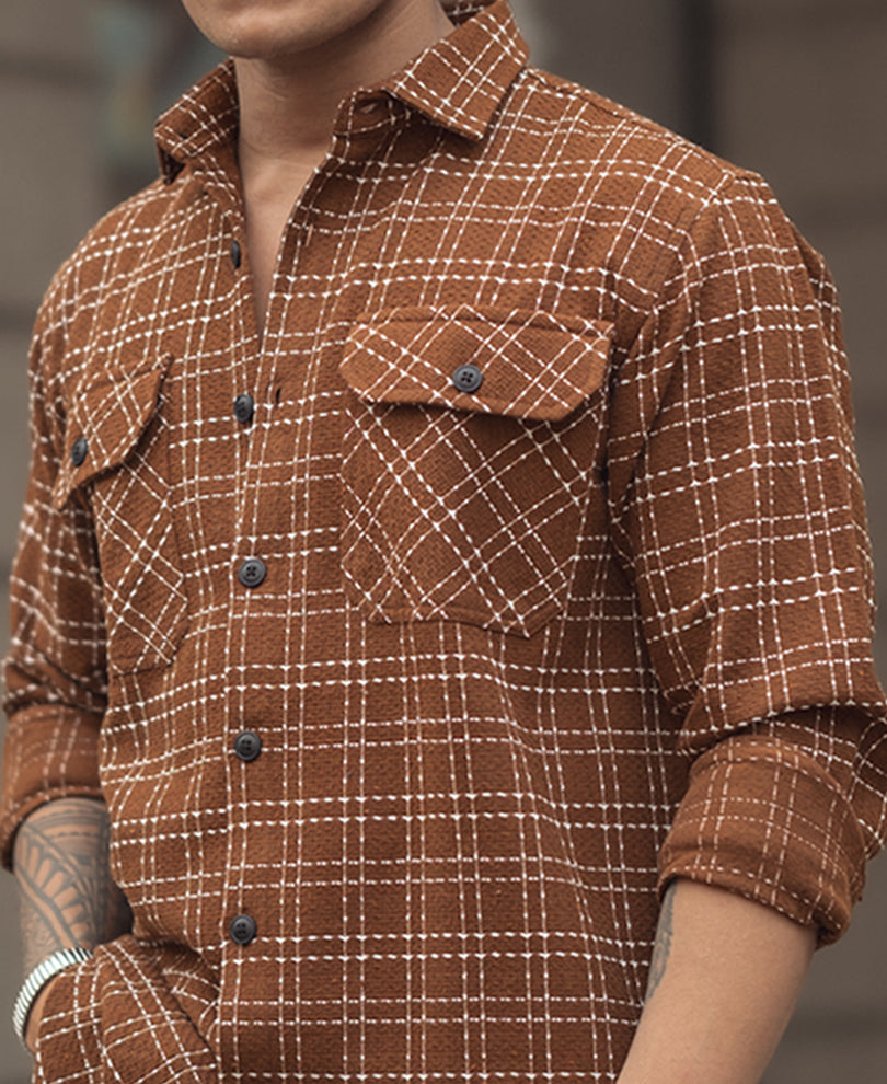 Brown Check Regular Fit Full Sleeves Shirt