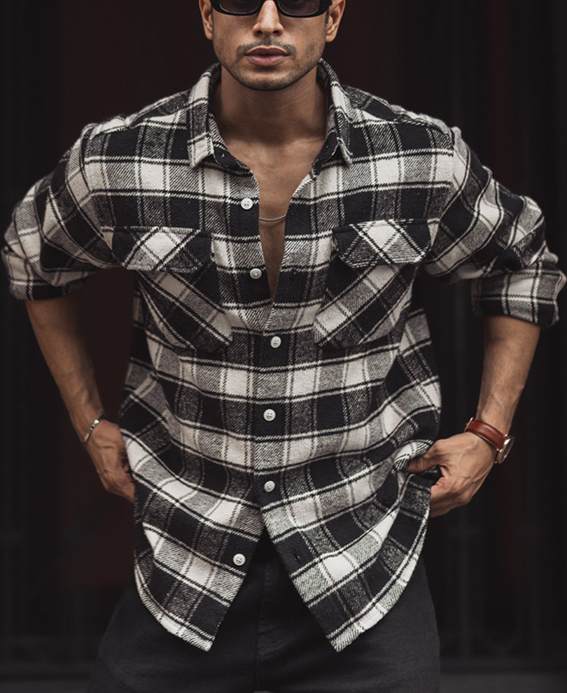 Black and White Structured Checks Regular Full Sleeves Shirt