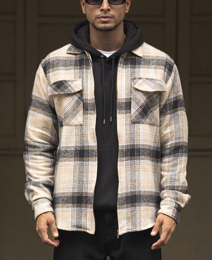 Beige And Black Checks Regular Fit Full Sleeves Shirt
