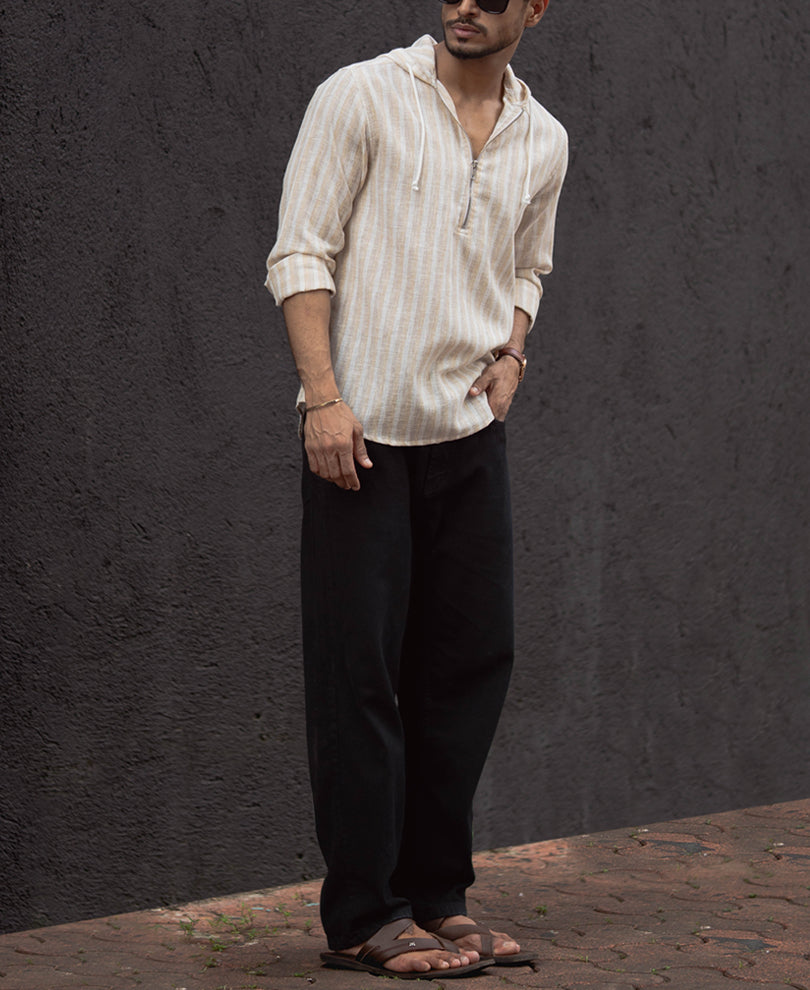 White And Beige Stripes Regular Fit Hoodie Style Shirt