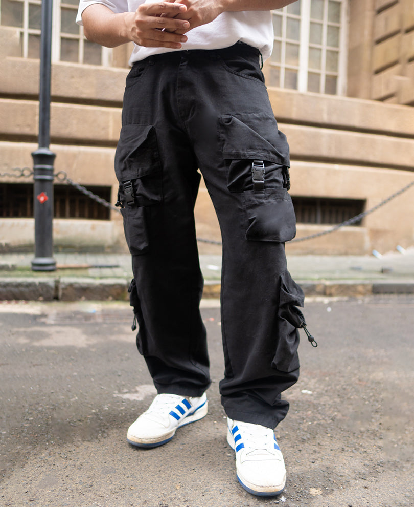 Black Baggy Fit Cargo Pants with Pockets and Buckle Fastening
