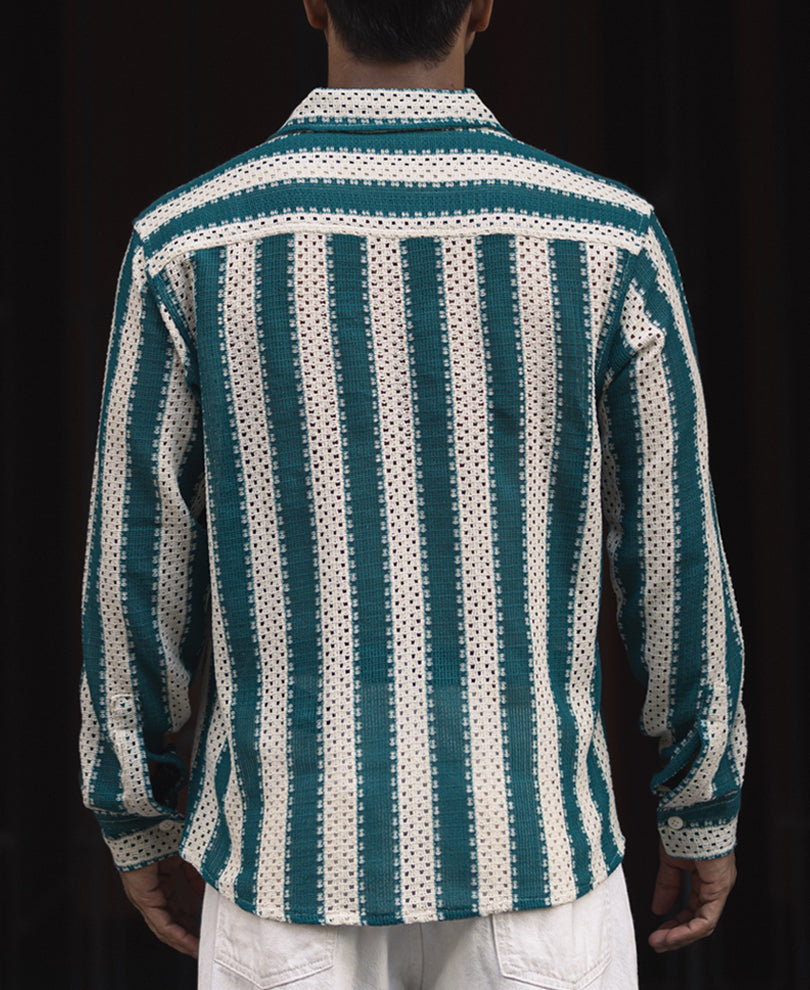 Sea Green and Off White Crochet Striped Regular Fit Full Sleeve Shirt