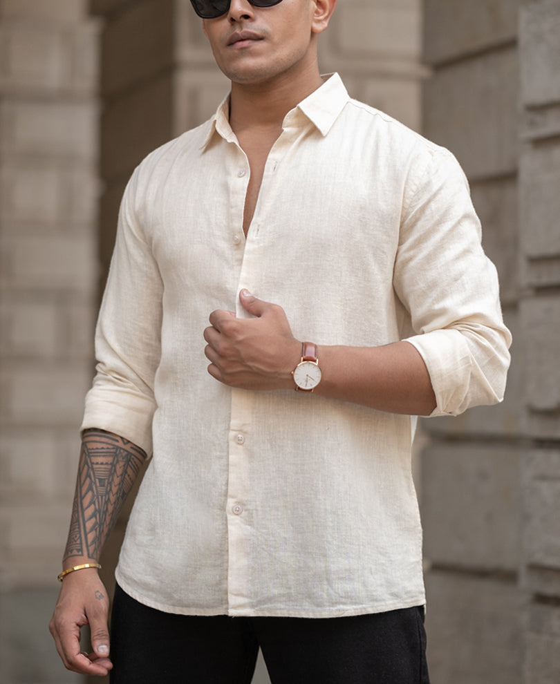 Cream Cotton Linen Regular Fit Full Sleeves Shirt