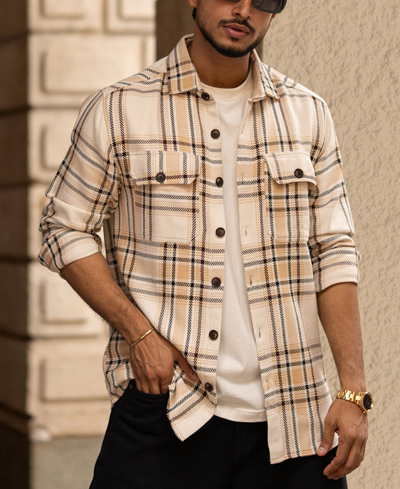 Light Beige Full Sleeves Double Pocket Regular Fit Shirt