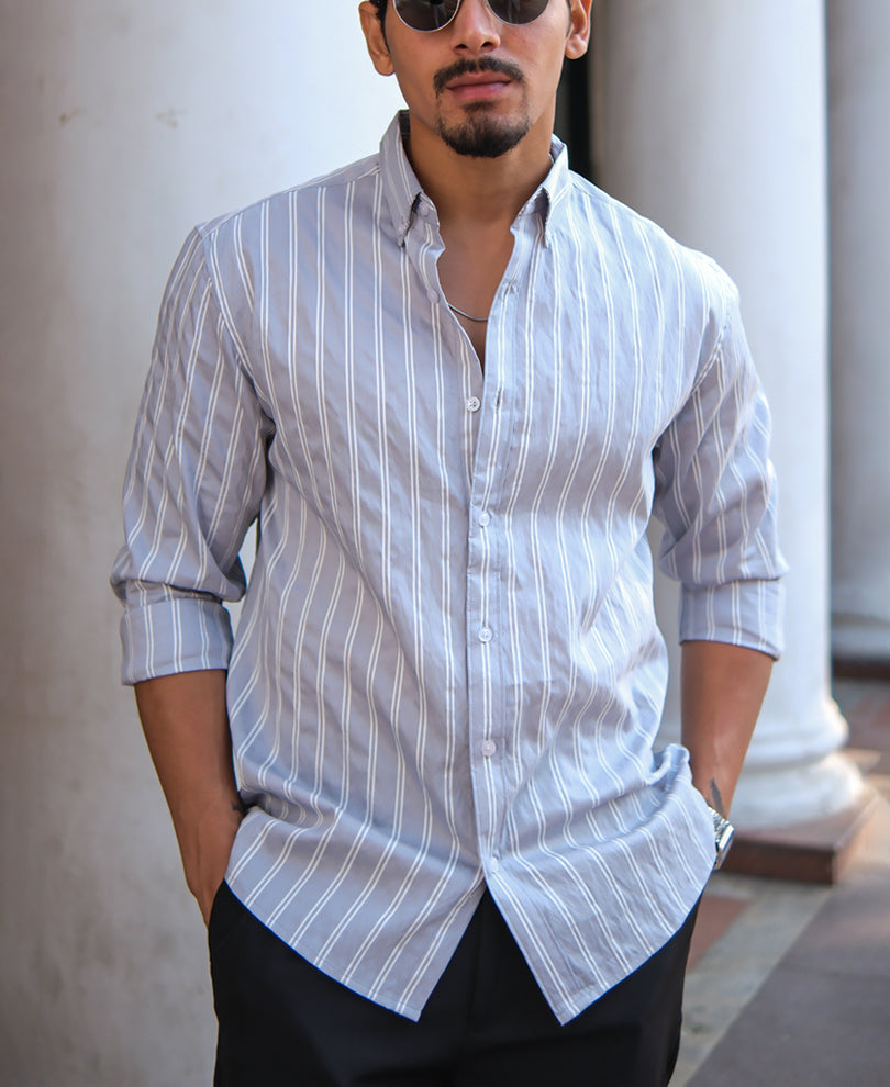Light Grey Stripes Regular Fit Full Sleeves Shirt