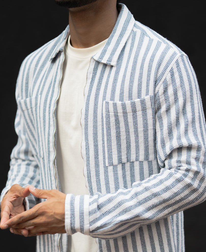 Blue And White Stripes Regular Fit Full Sleeves Shirt With Zip