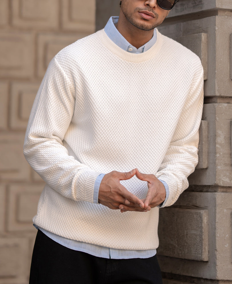 White Structured Full Sleeves Regular Fit T-Shirt