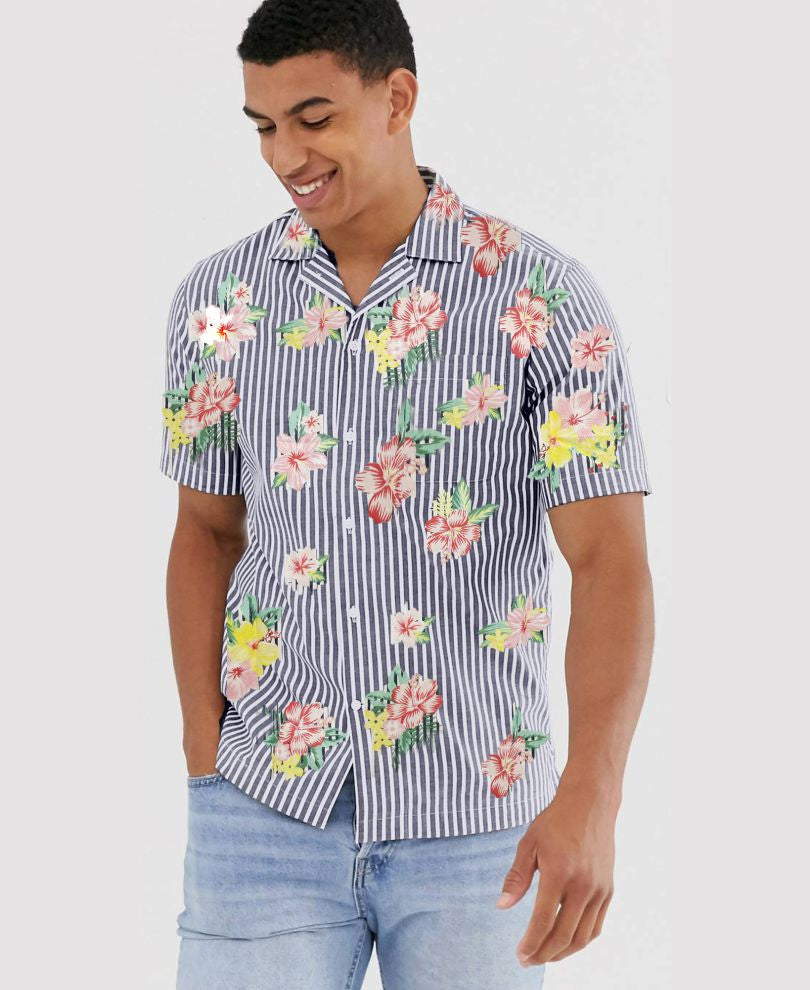 Navy Blue Stripe With Floral Print Half Sleeves Shirt