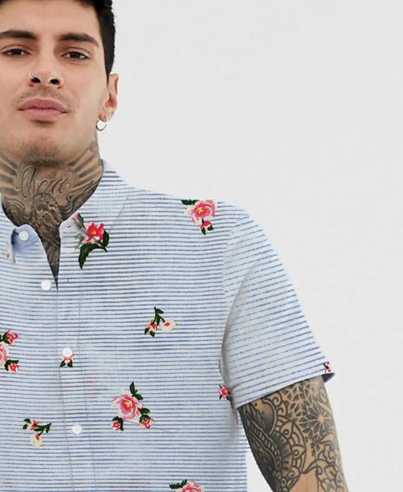 Sky Blue Stripe With Floral Print Half Sleeves Shirt