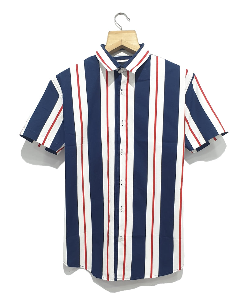 White And Navy Blue Stripes Print Half Sleeves Shirt