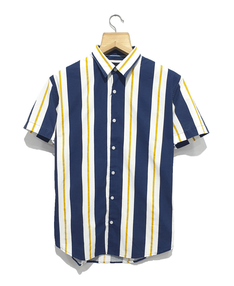 White And Yellow Stripes Print Half Sleeves Shirt