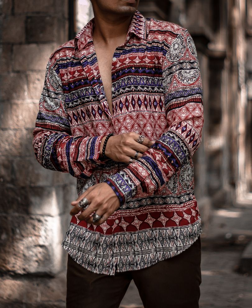 Urban Red Mix Scarf Printed Full Sleeves Shirt