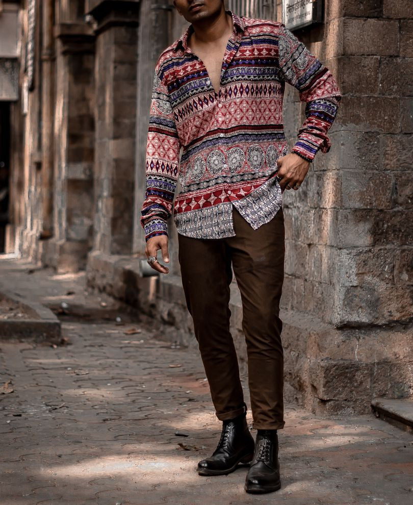 Urban Red Mix Scarf Printed Full Sleeves Shirt
