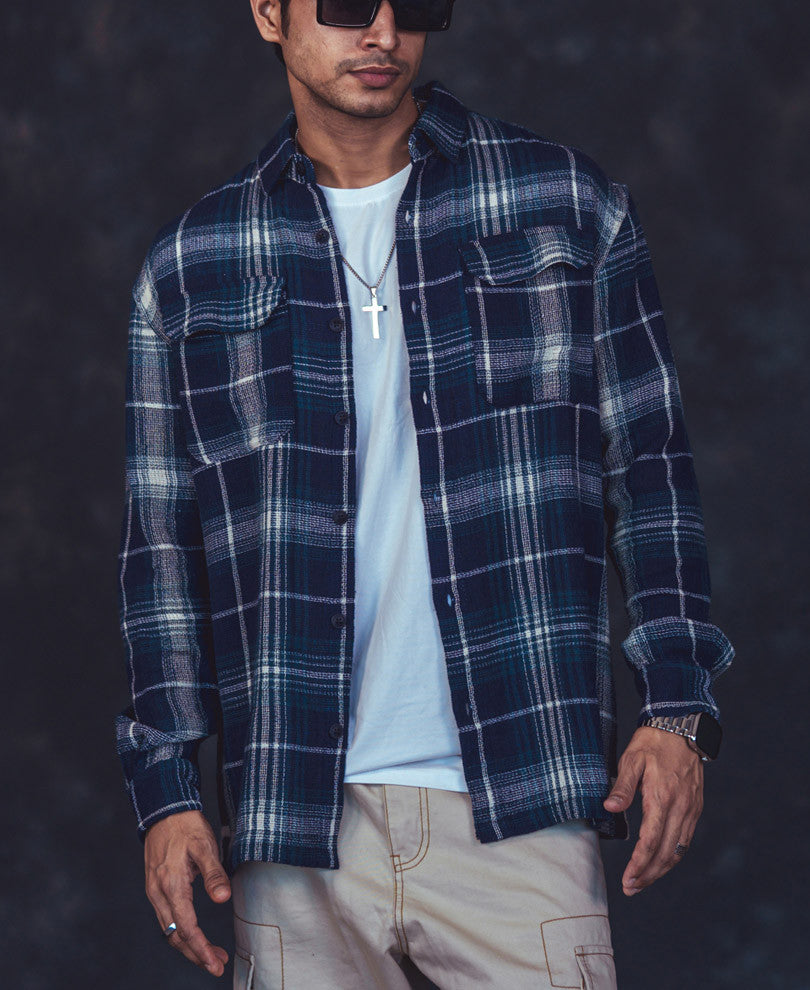 Navy Blue Checks Oversized Shirt