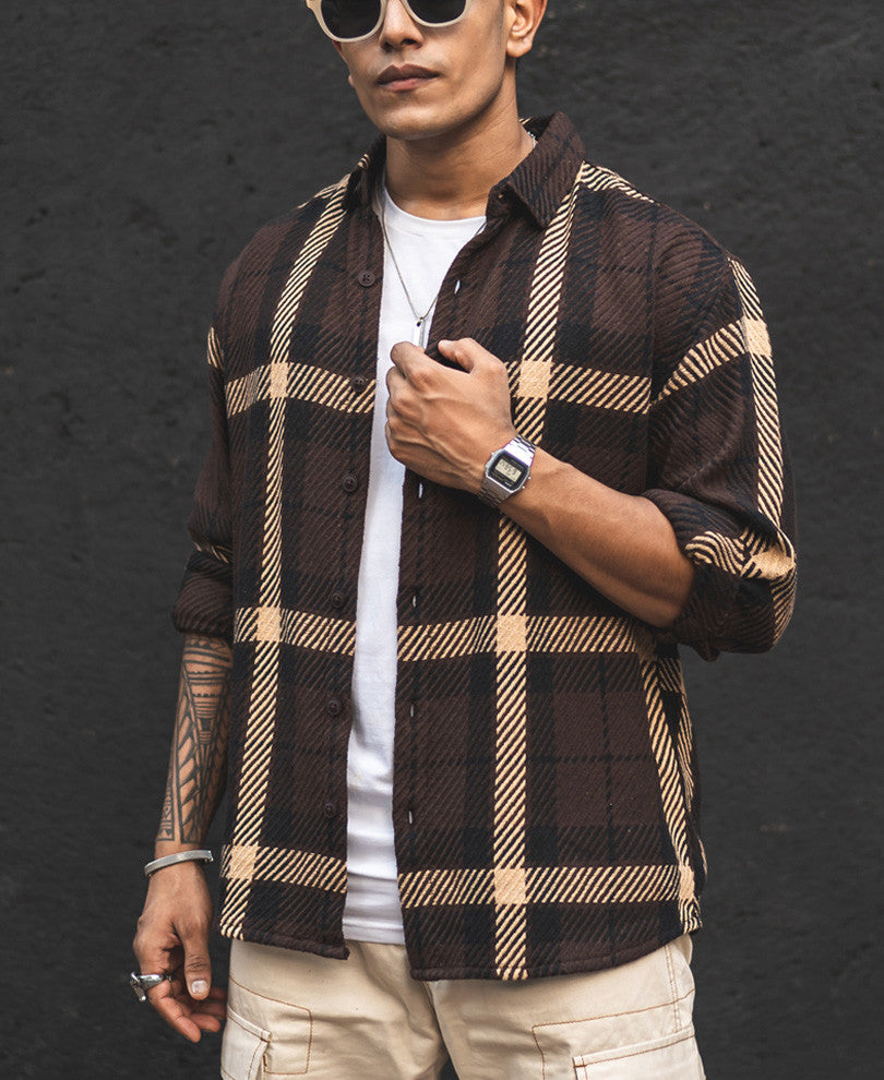 Dark Brown and Beige Flannel Checks Oversized Shirt