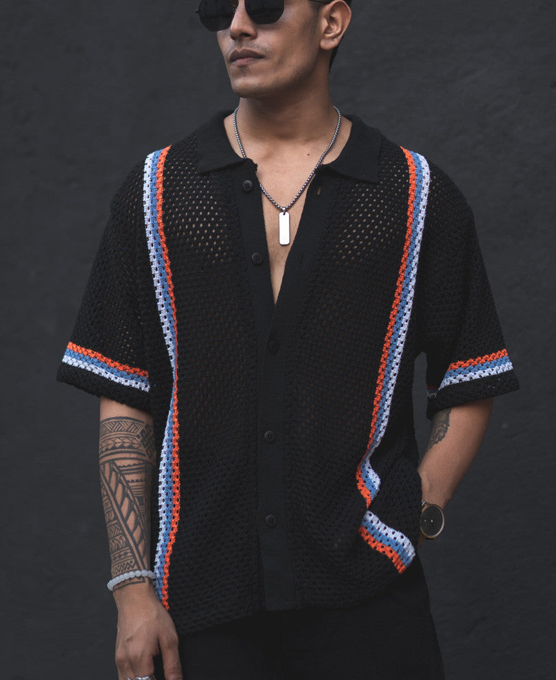 Black Crochet Knit Striped Oversized Shirt