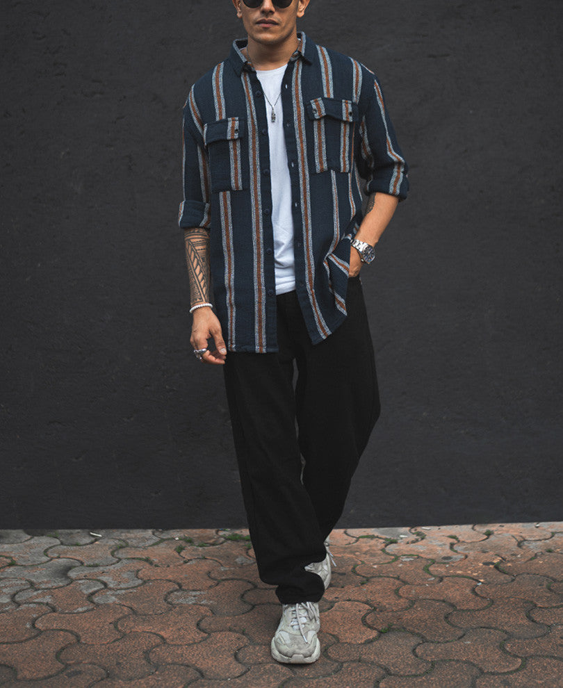 Blue Structured Striped Shacket Oversized Shirt