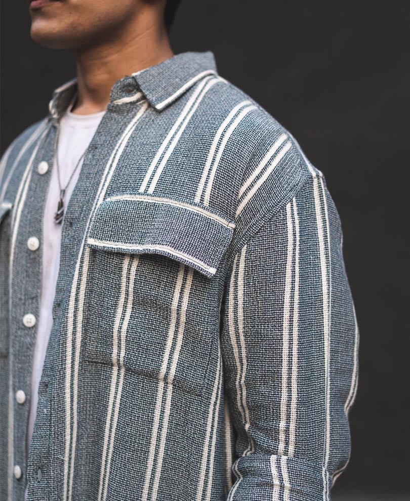 Grey Structured Striped Shacket Oversized Shirt