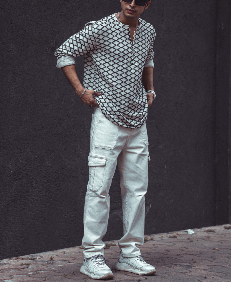 White Structured Rhombi Full Sleeves Kurta Style Shirt
