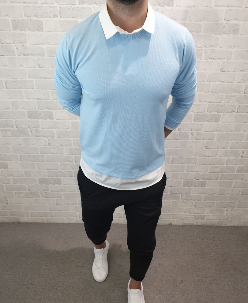 Sky Blue White Collar Full Sleeves T Shirt
