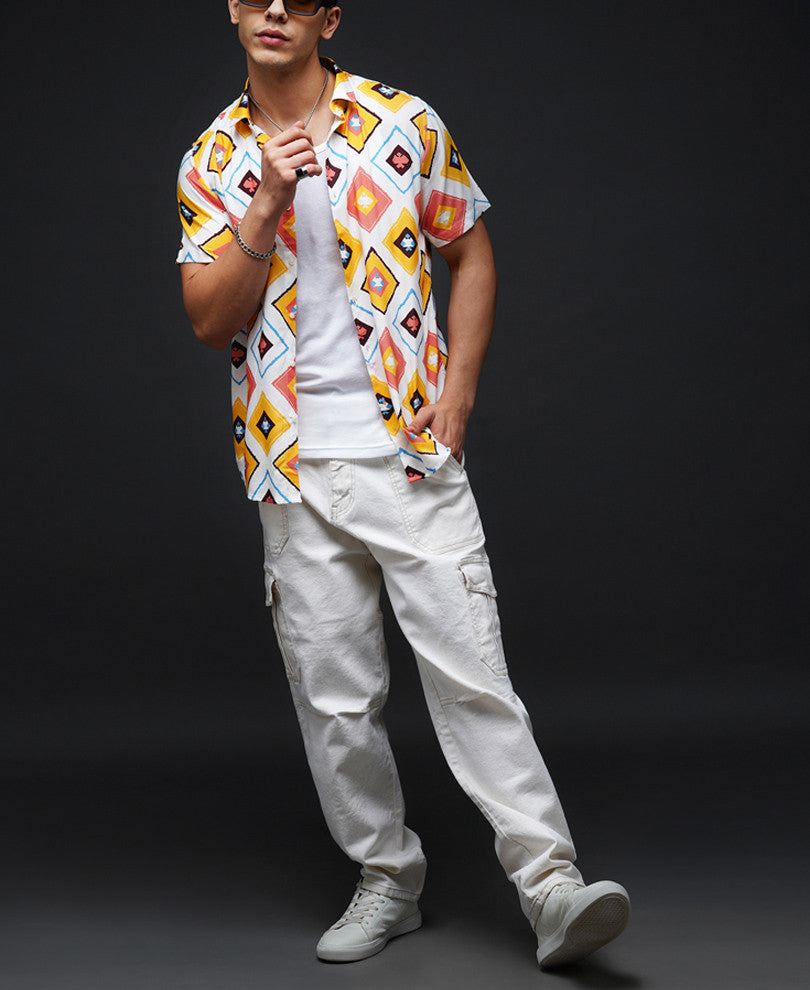 White And Mustard Diamond Print Half Sleeve Shirt