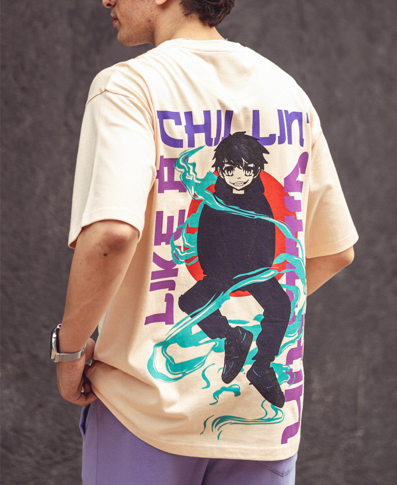 Beige Chillin' Back Print Oversize Drop Shoulder Tshirt