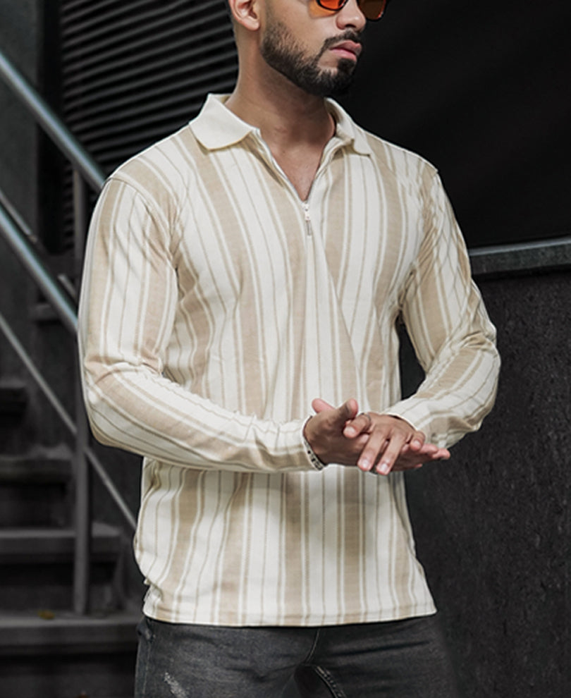 Multi Colour Zipper Stripes Regular Fit Full Sleeves T Shirt