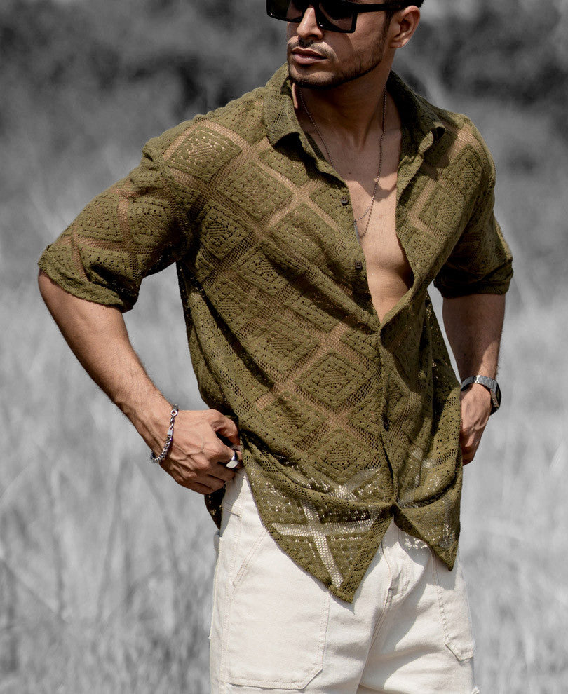 Olive Green Sheer Pattern Oversize Drop Shoulder Shirt