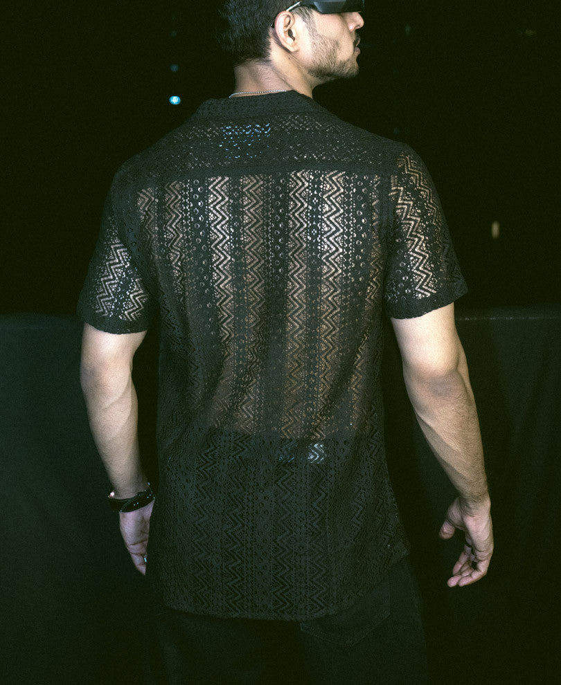 Black Sheer Pattern Half Sleeves Shirt