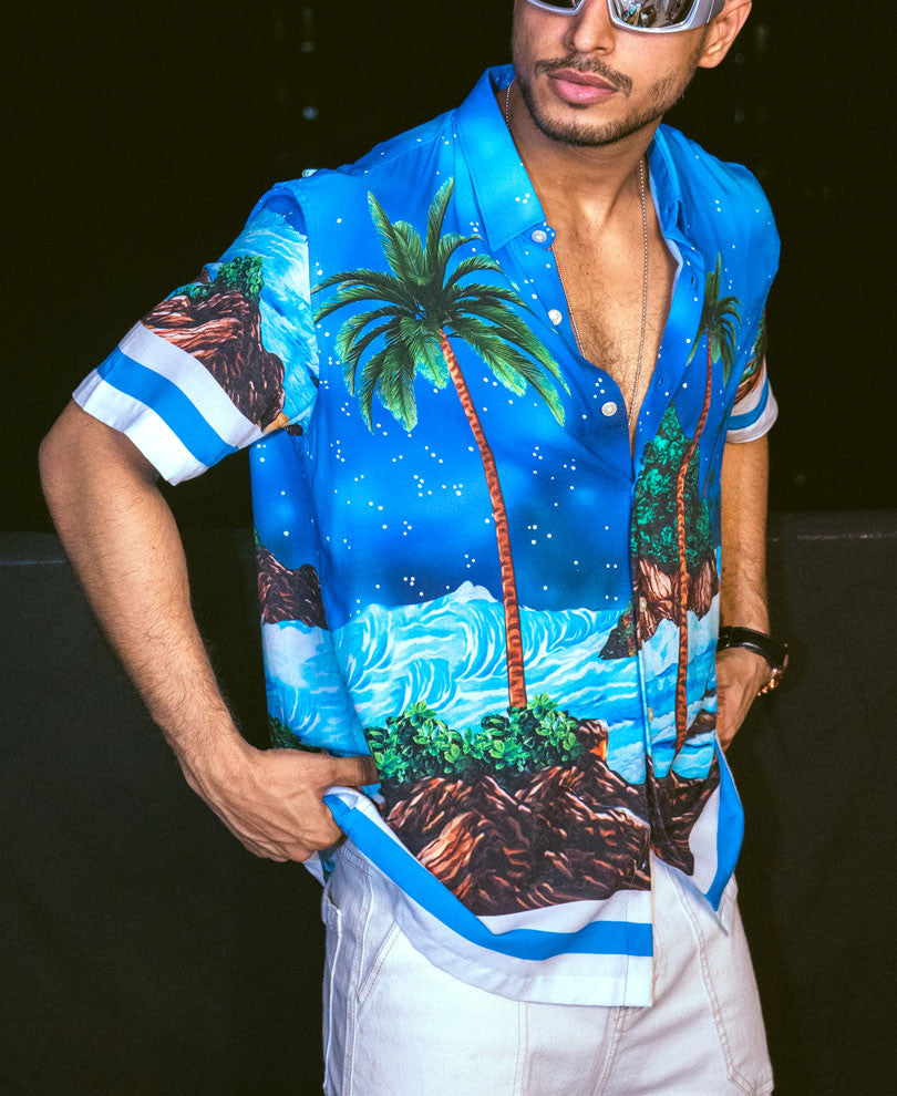 Blue Beach Print Oversize Drop Shoulder Shirt