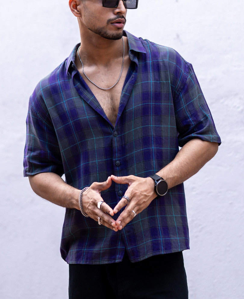 Purple Plaid Checks Oversize Drop Shoulder Shirt