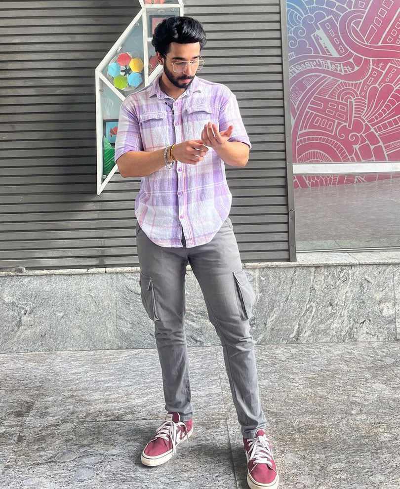 Purple Pocket Check Oversize Drop Shoulder Shirt