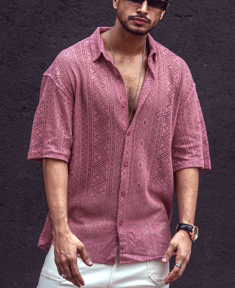 Peach Sheer Pattern Oversize Drop Shoulder Shirt