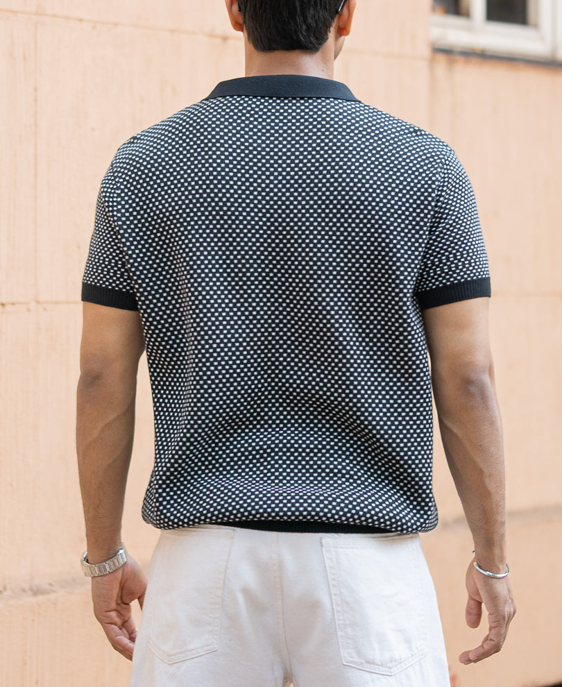 Black Jacquard Knit Polo T-Shirt