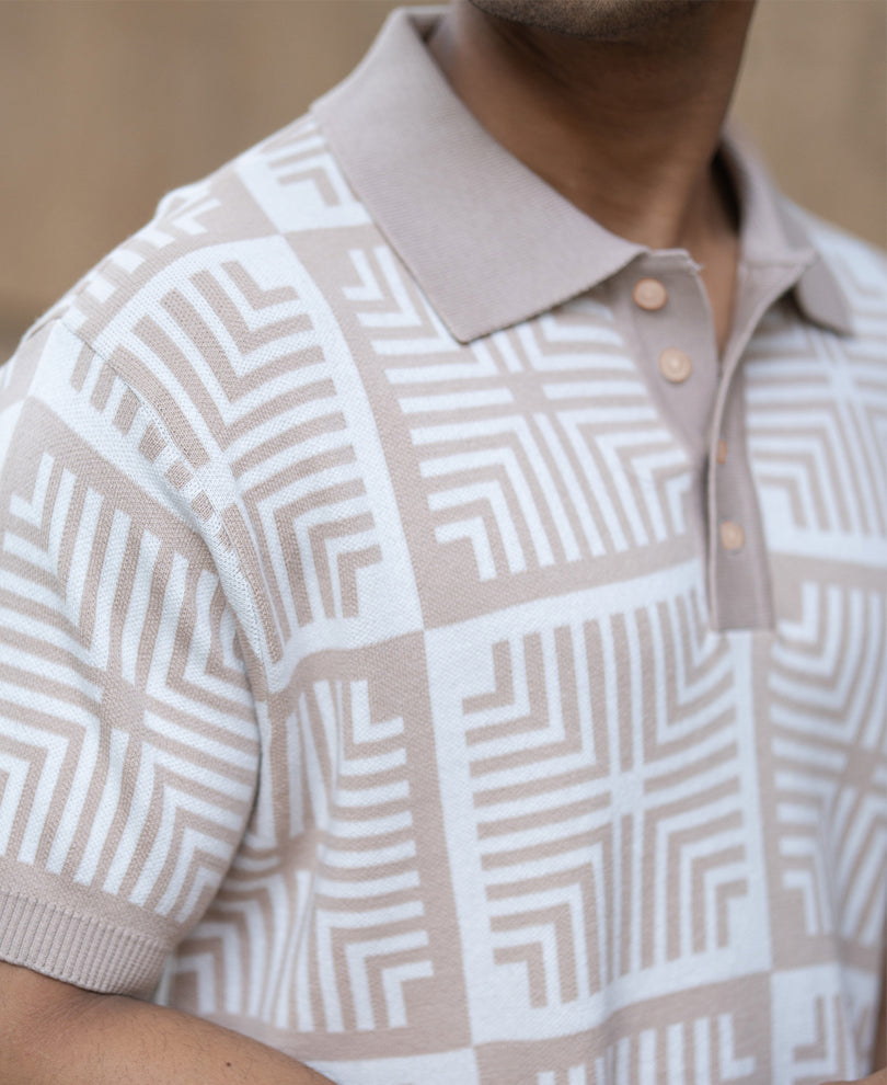 Beige Geometric Jacquard T-Shirt