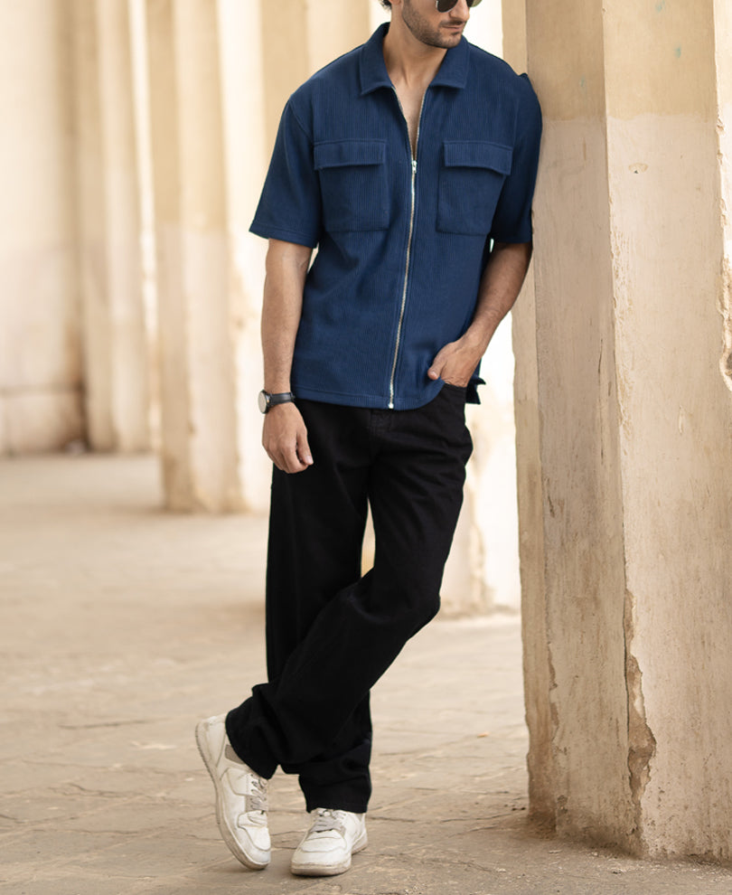 Blue Corduroy Oversized Half Sleeves Shirt