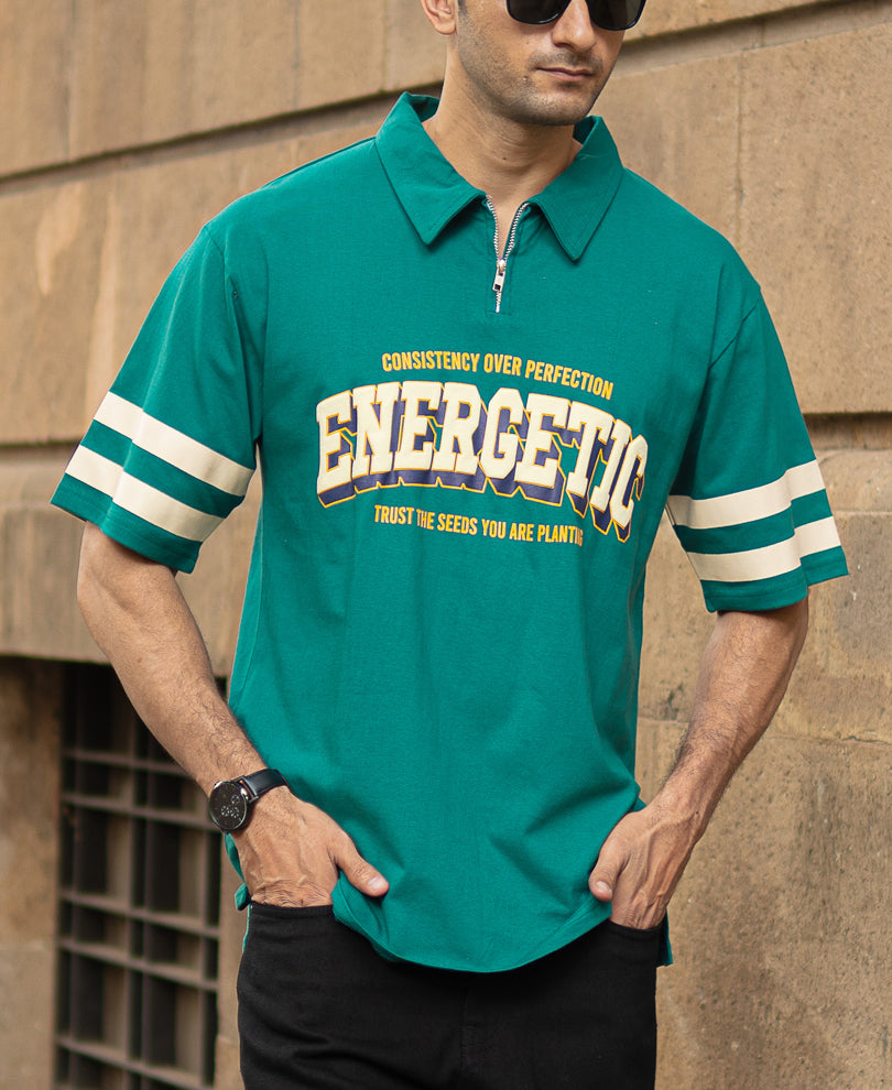 Teal Graphic Zipper Polo T-Shirt
