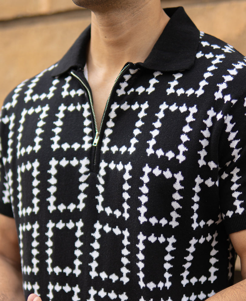 Black Knit Zipper Polo T-Shirt