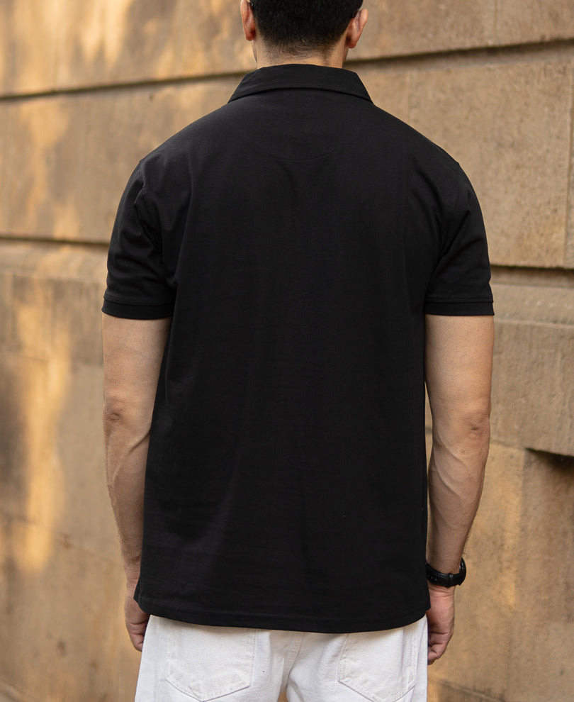 Black Printed Zipper Polo T-Shirt