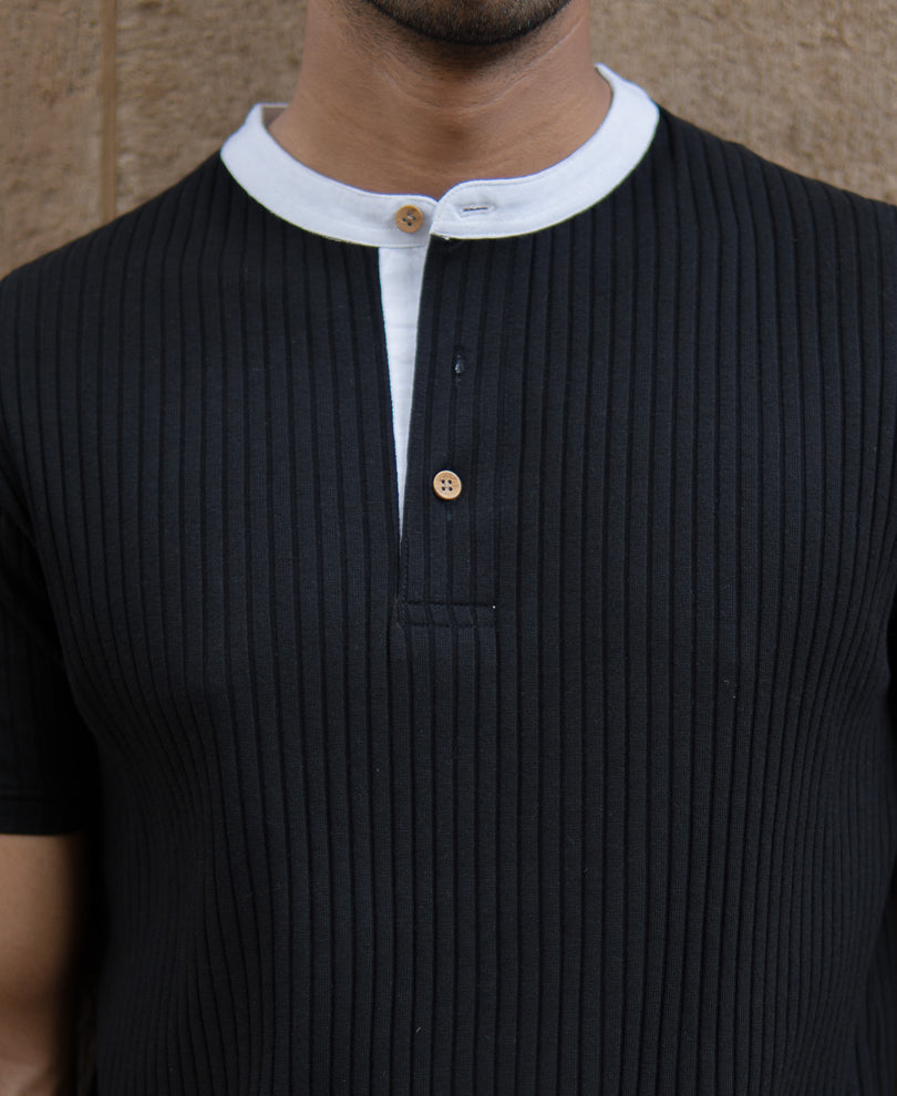 Black Contrast Collar Henley T-Shirt