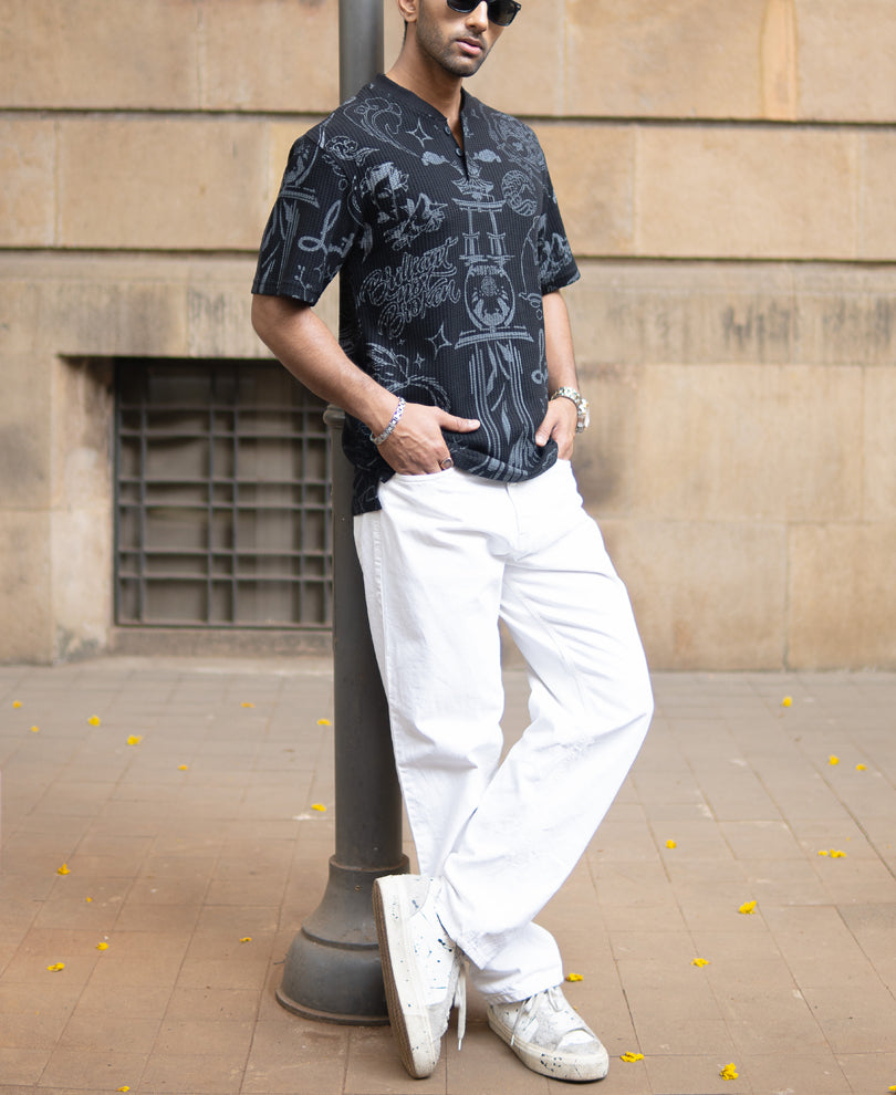 Black Japanese Print Henley T-Shirt