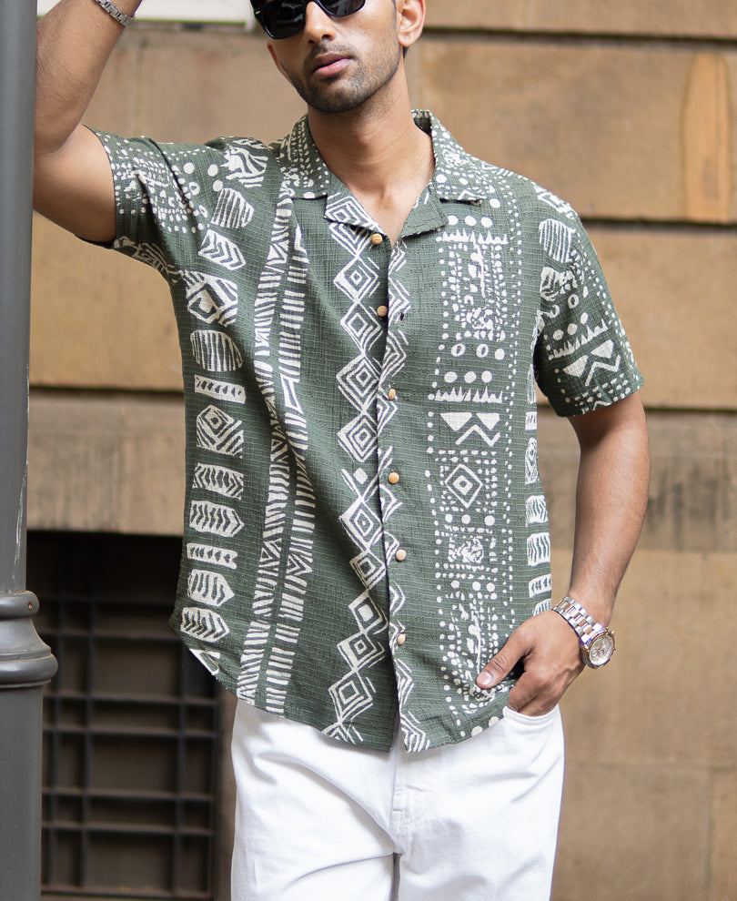 Light Olive Structured Printed Shirt