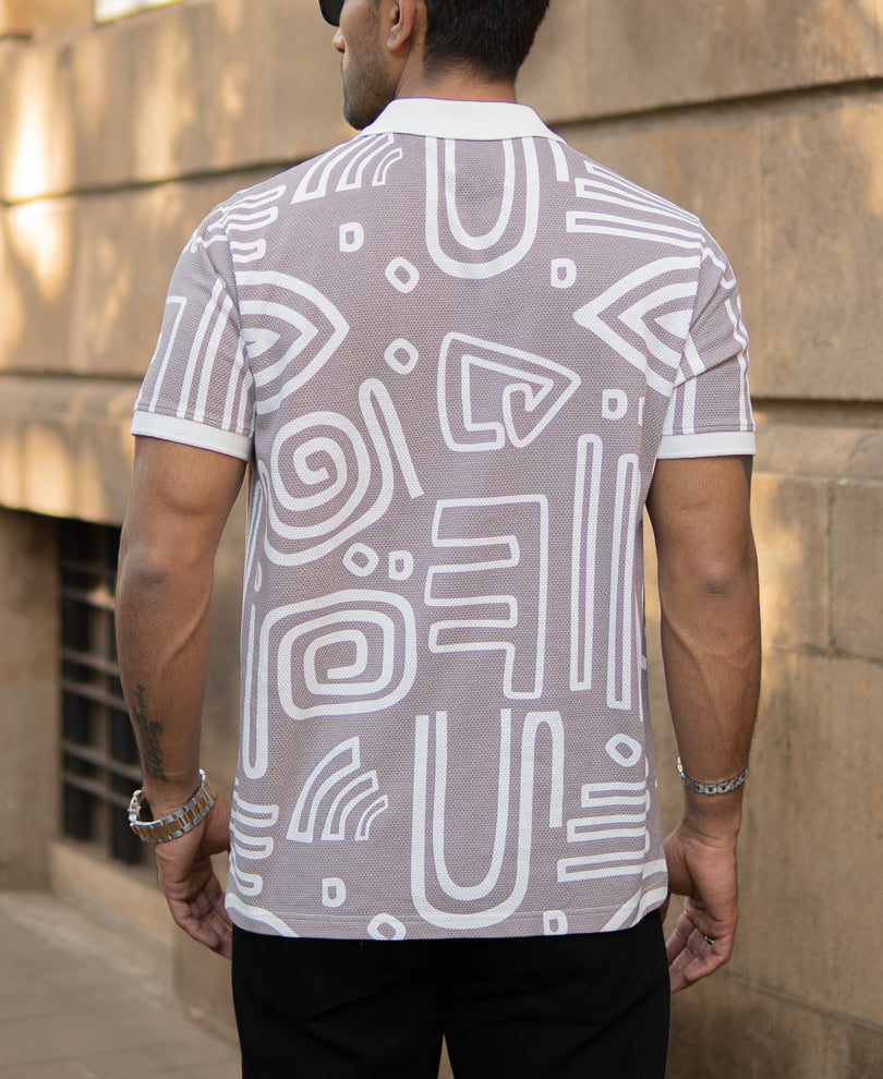 Grey Contrast Printed Polo T-Shirt