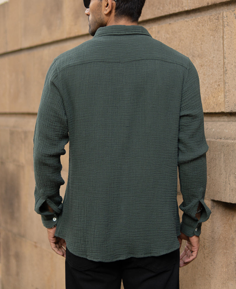 Olive Crinkled Shirt With Pockets