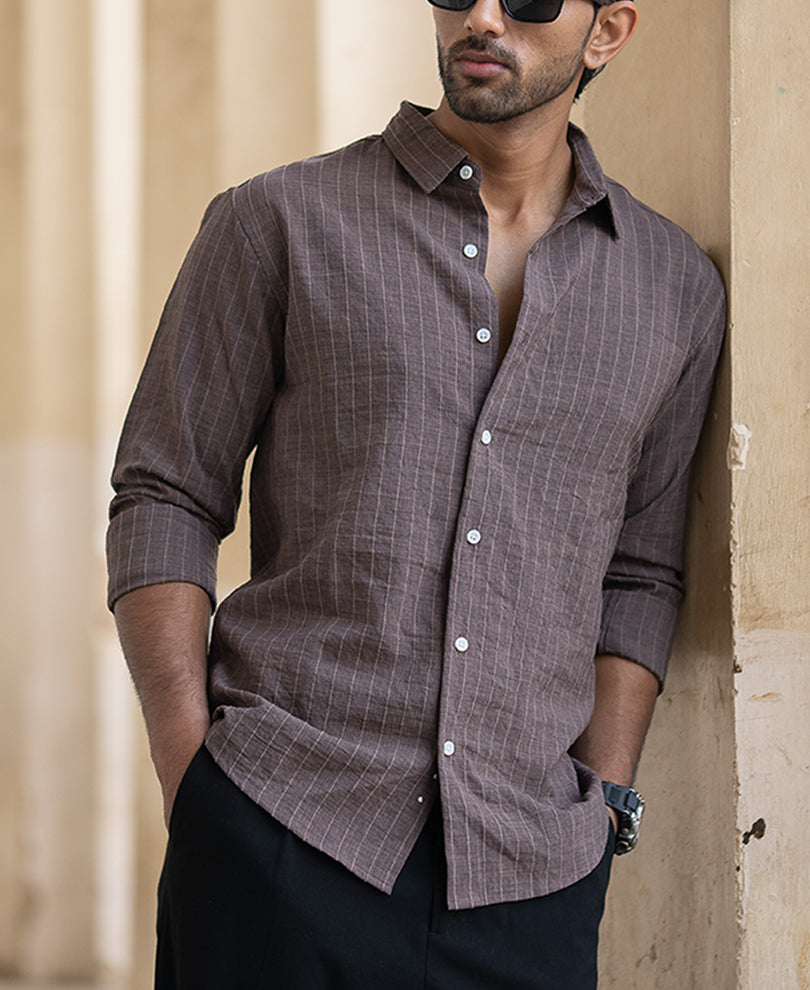 Brown Striped Flowy Regular Fit Shirt