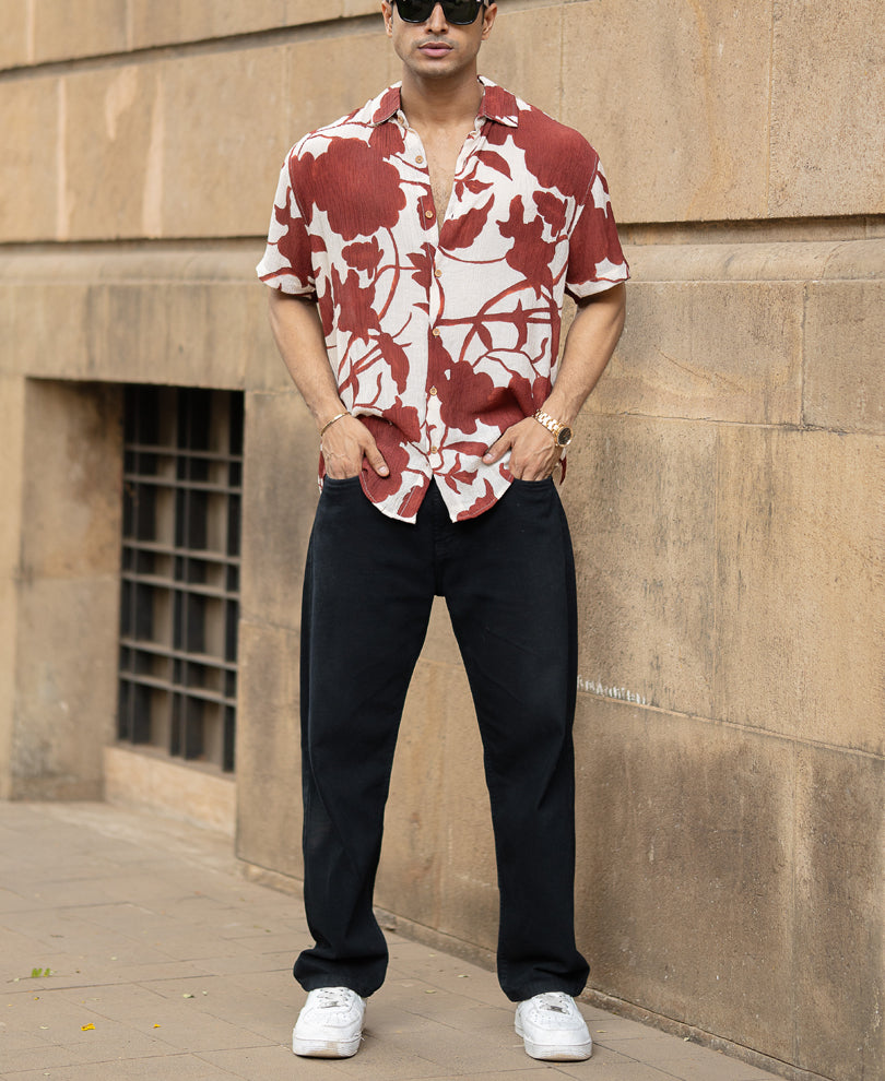 Rust Floral Crinkled Print Shirt