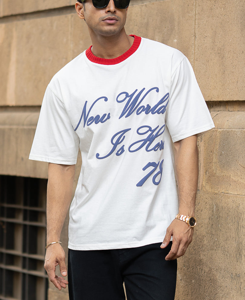 White Contrast Neck Graphic T-Shirt